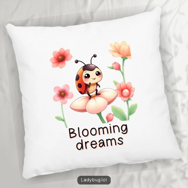 Funny ladybug pillow featuring a proud ladybug character winking cheekily while perched on a lovely flower petal.