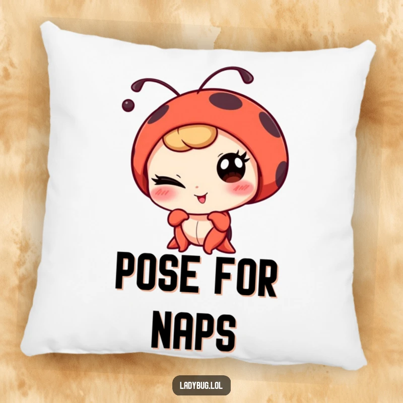 Funny winking ladybug character playfully posing for a portrait, on a soft and comical decorative pillow.
