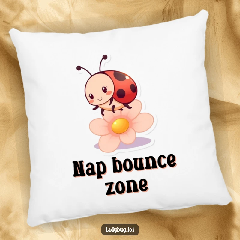 Funny ladybug pillow showing a happy ladybug character bouncing with joy on a soft flower petal, adding charm.