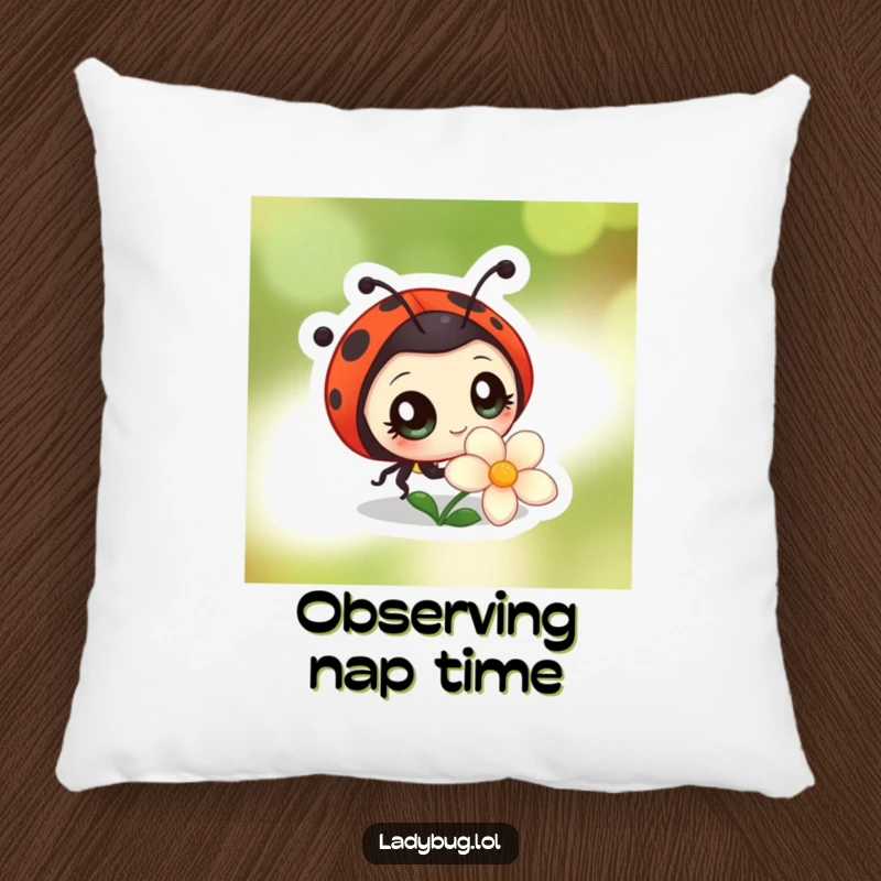 Funny pillow featuring a ladybug character with large, curious eyes observing a flower, offering cozy comfort and a touch of gentle wonder.