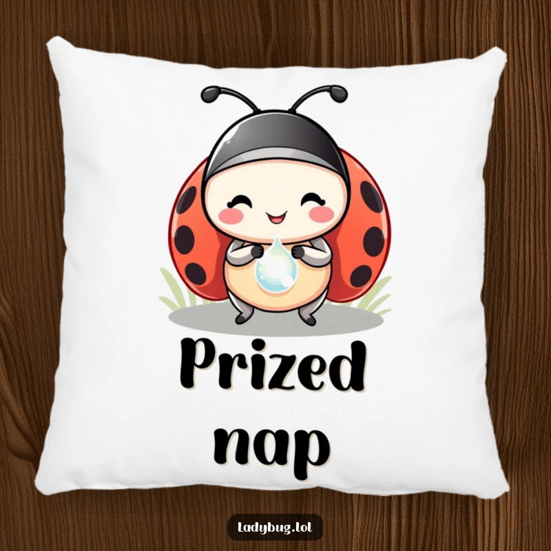 Funny ladybug pillow with a delightful ladybug protagonist holding a shimmering dewdrop like a cherished prize, offering cozy comfort.