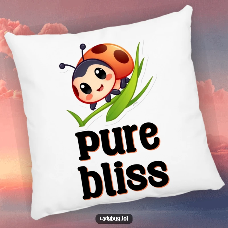 Funny Ladybug Pillow: Soft cushion showcasing a ladybug with big eyes joyfully sliding down a blade of grass, adding charm.