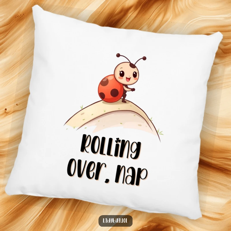 Funny Pillow with a plush ladybug character captured in a joyful roll down a hill, bringing soft comfort and cheer.