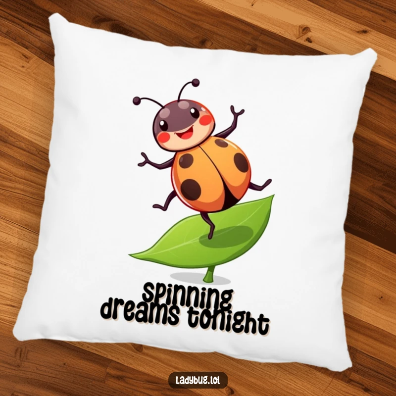 Funny ladybug pillow featuring a cheerful ladybug doing a joyful cartwheel on a leaf, offering humorous comfort.