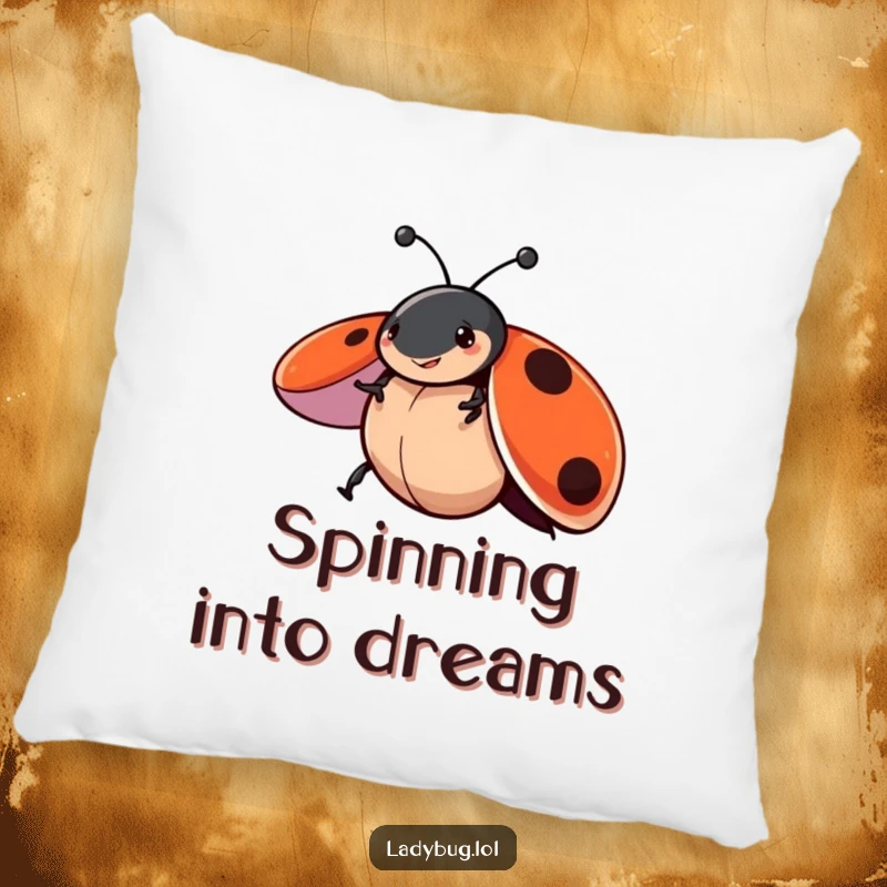Funny pillow featuring a ladybug character spinning with wings open, offering cozy comfort and a whimsical touch of insect charm.