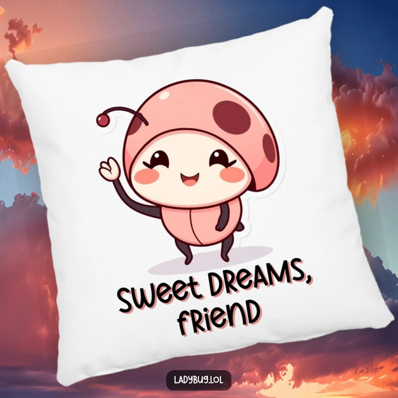 Funny smiling ladybug pillow featuring a cute bug waving, a plush and cheerful decorative accent.
