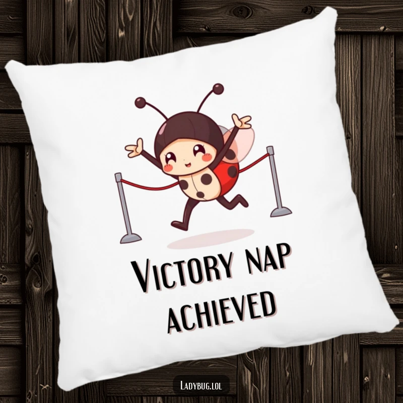 Funny Pillow: Soft decorative cushion with a victorious ladybug character crossing an imaginary finish line.