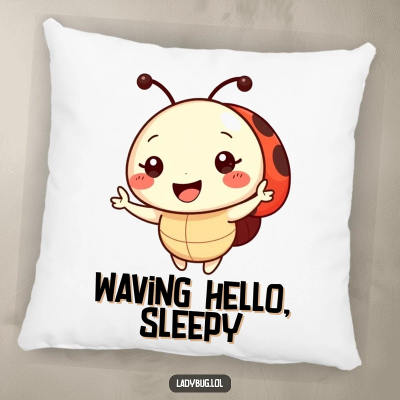 Funny Pillow featuring a plush ladybug character with a radiant smile, offering a welcoming wave, perfect for cozy comfort.