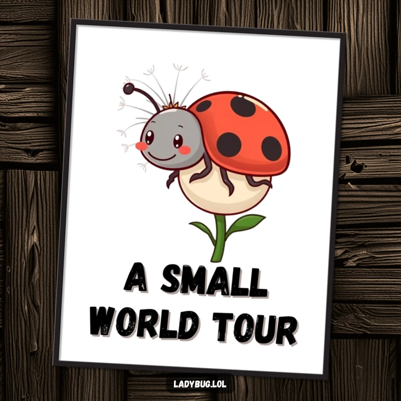 Funny Ladybug Dandelion Digital Art Print: A happy ladybug comically rides on a floating dandelion seed, capturing a moment of pure whimsy. Charming wall art.