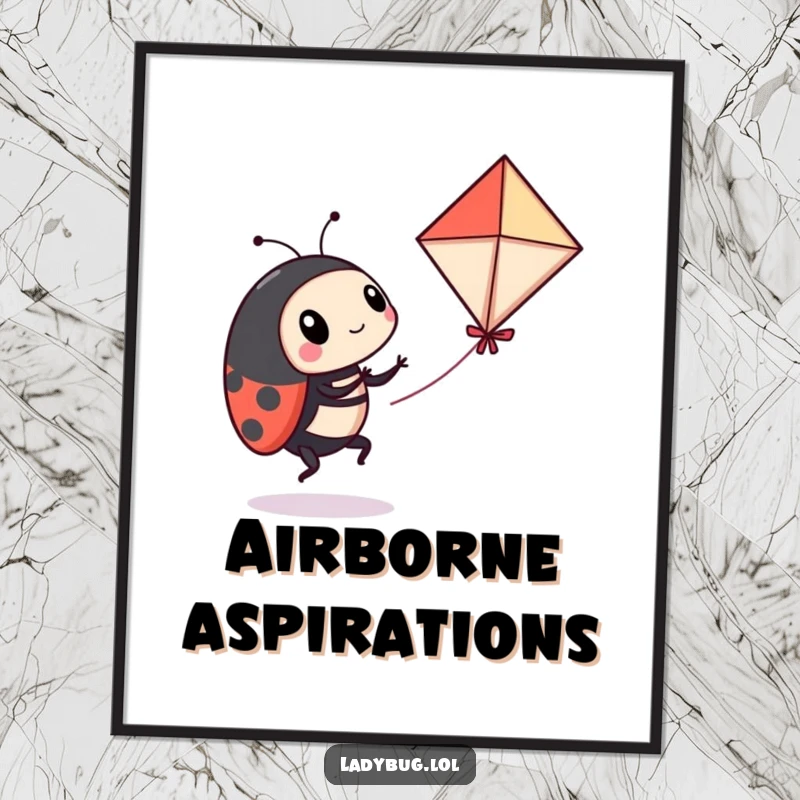 Funny ladybug digital art print of a playful ladybug comically attempting to fly a miniature kite, a humorous and downloadable adventure scene.