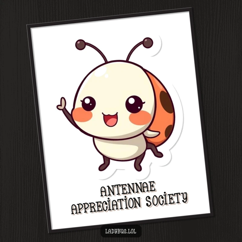 Funny ladybug digital art print of a happy ladybug character cheerfully waving its tiny antennae, adding joy.