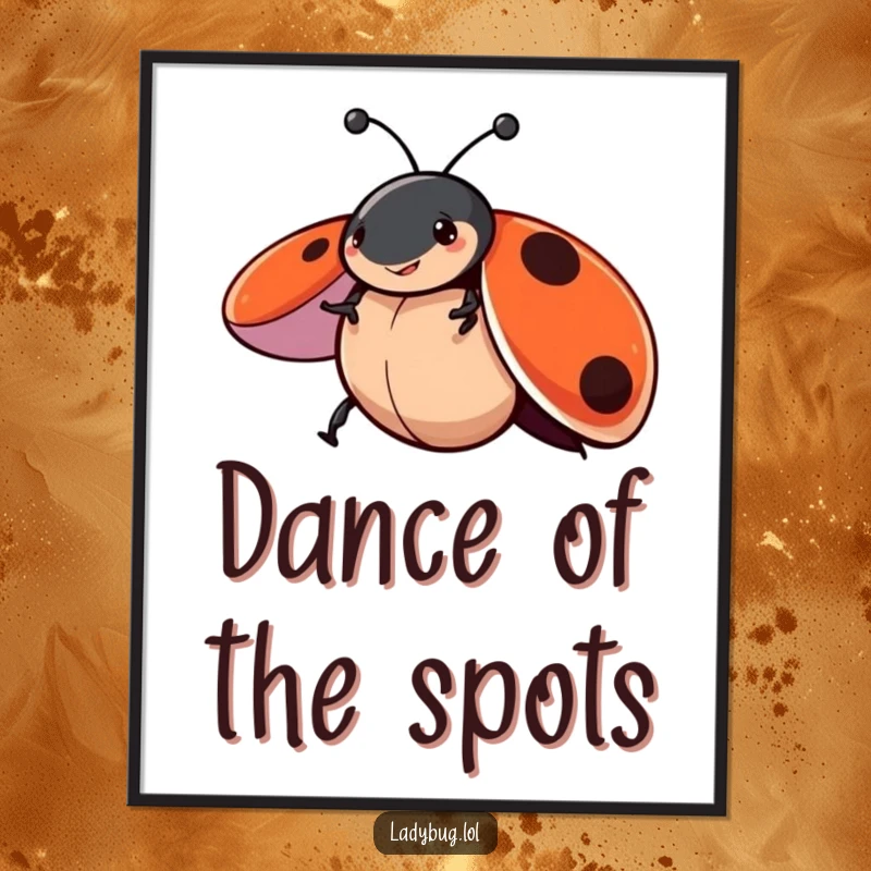 Funny digital art print of a ladybug character joyfully spinning with wings open, capturing a moment of pure, whimsical delight.