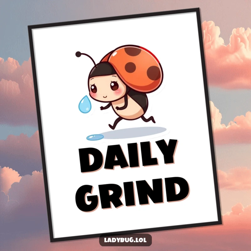 Funny digital art print of a busy ladybug carrying a dewdrop, a symbol of dedication and focus.