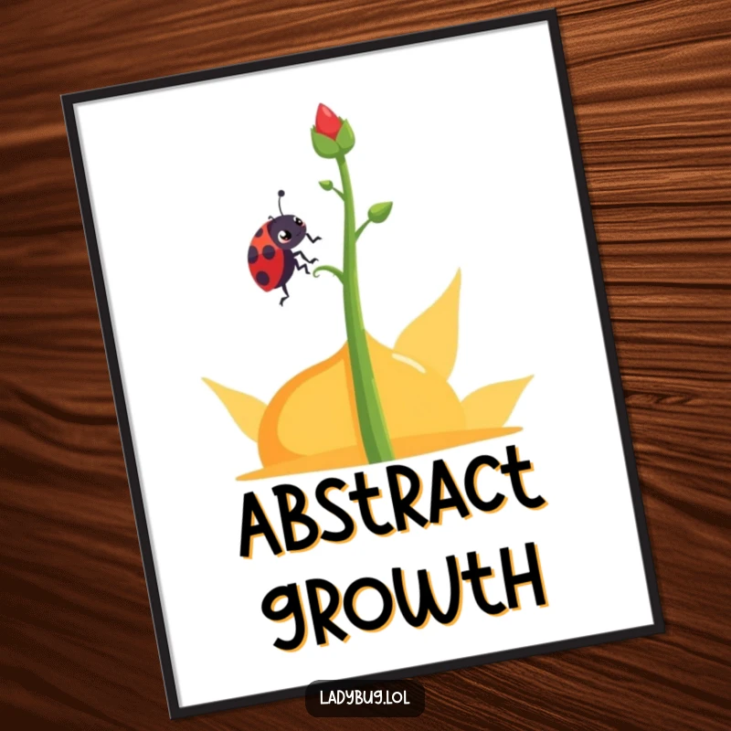 Funny determined ladybug digital art print of a ladybug character climbing an abstract plant stem, symbolizing persistence.