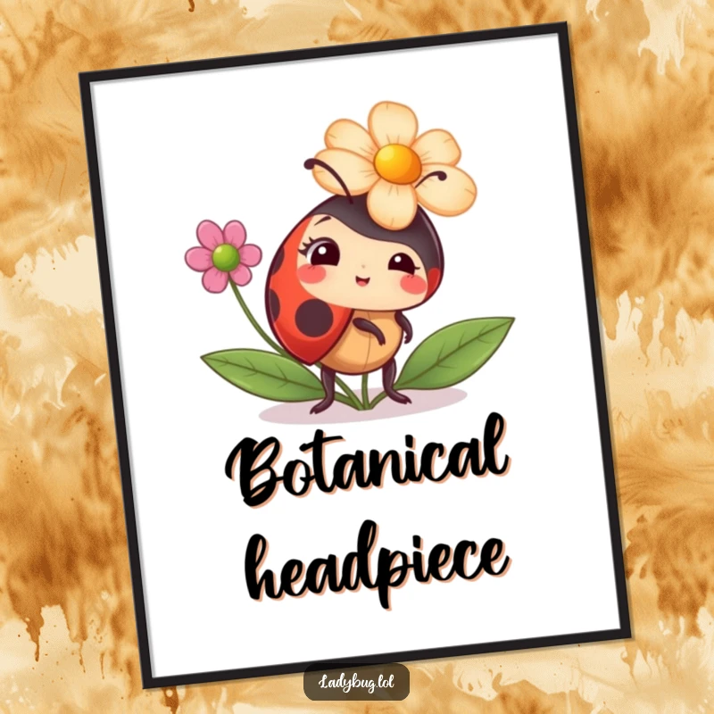 Funny ladybug digital art print of a ladybug comically trying to wear a flower as a hat, a humorous and fashionable digital download.