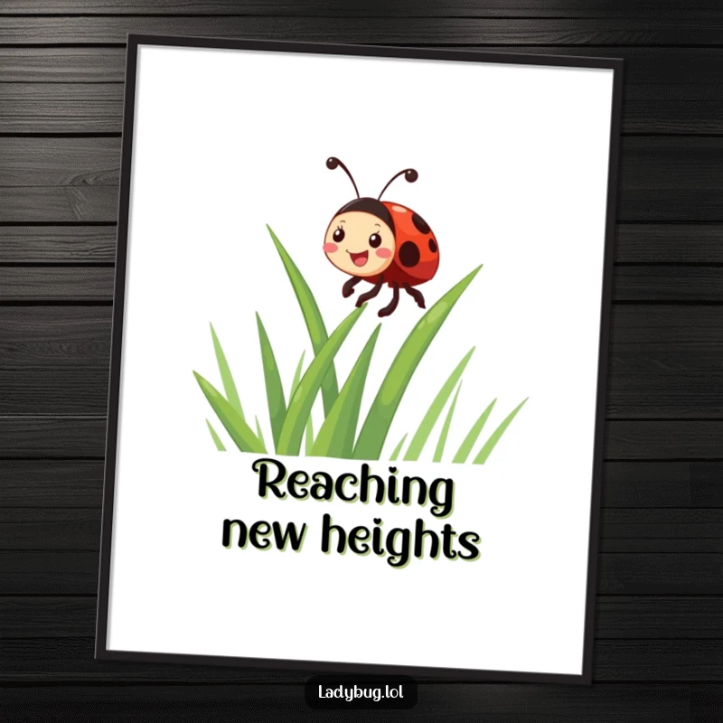 Funny giggling ladybug character enthusiastically climbing a blade of grass, rendered as humorous digital art for instant wall decoration.