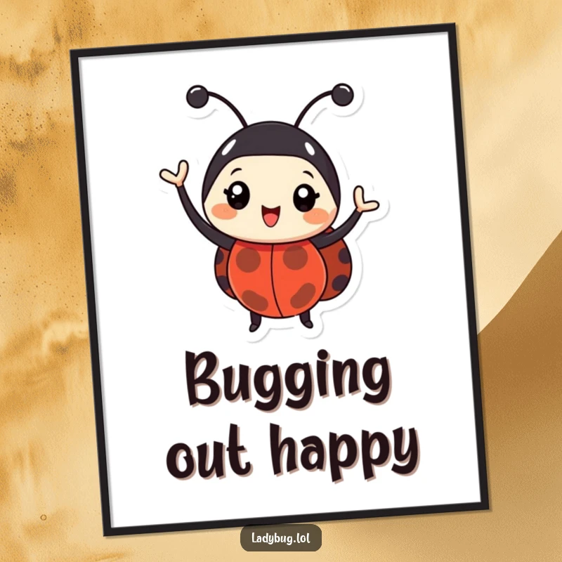 Funny ladybug digital art print of a happy bug enthusiastically waving its antennae. High-quality and humorous.