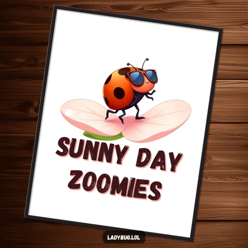 Funny ladybug digital art print of a ladybug with tiny sunglasses cheerfully jogging across a petal, a humorous and cool digital download.