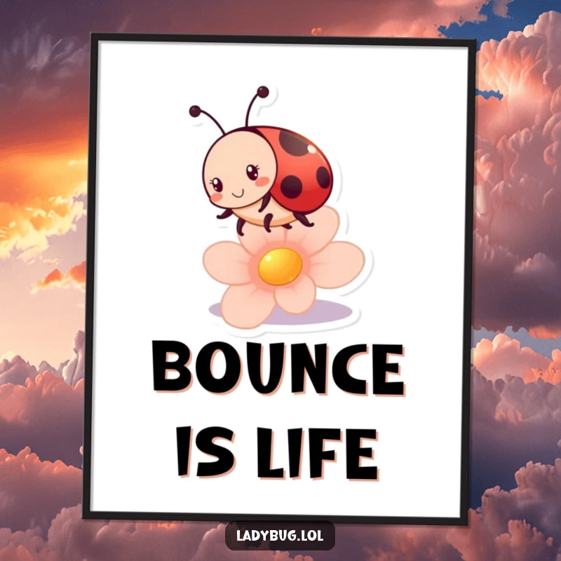 Funny ladybug digital art print of a playful ladybug character bouncing energetically on a flower petal, capturing pure happiness.