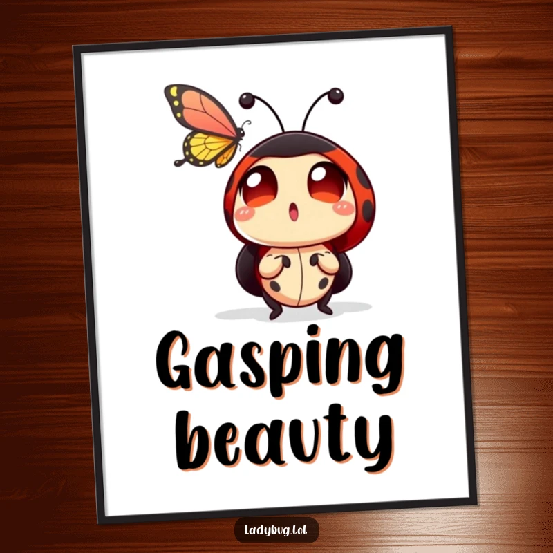 Funny ladybug digital art print of a ladybug character with large, astonished eyes, watching a butterfly fly by with great wonder.