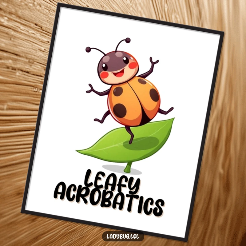 Funny ladybug digital art print of a cheerful ladybug doing a joyful cartwheel on a leaf, vibrant and humorous.