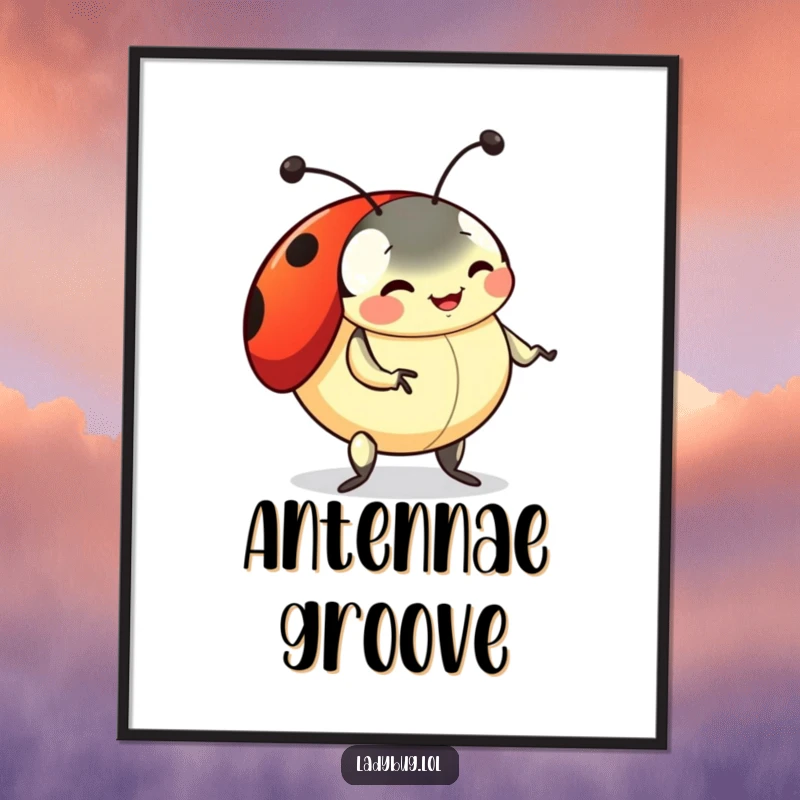 Funny ladybug digital art print of a playful ladybug doing a silly dance with wiggling antennae, a dynamic and humorous piece.