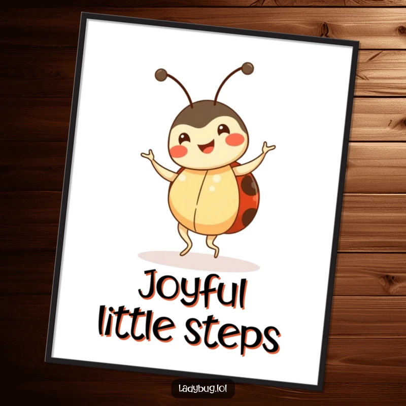 Funny ladybug digital art print, happy insect character doing a little dance, high-resolution, humorous wall decor.