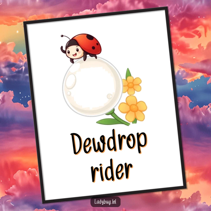 Funny ladybug cheerfully waves from atop a giant dewdrop, looking delighted, as downloadable digital art.