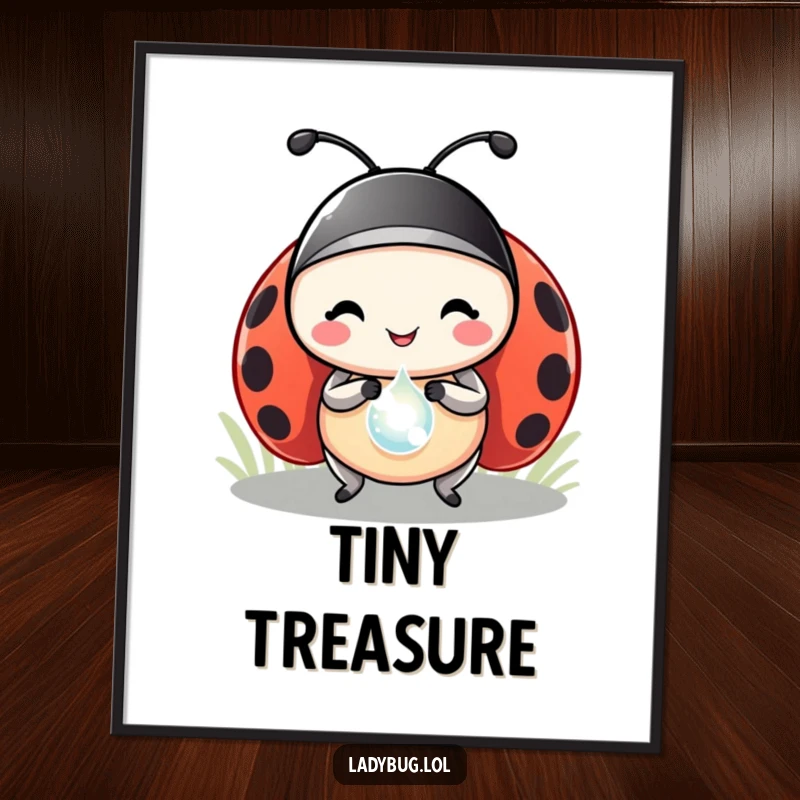 Funny ladybug digital art print of a happy ladybug protagonist carrying a precious dewdrop like a grand prize, creating cheerful ambiance.