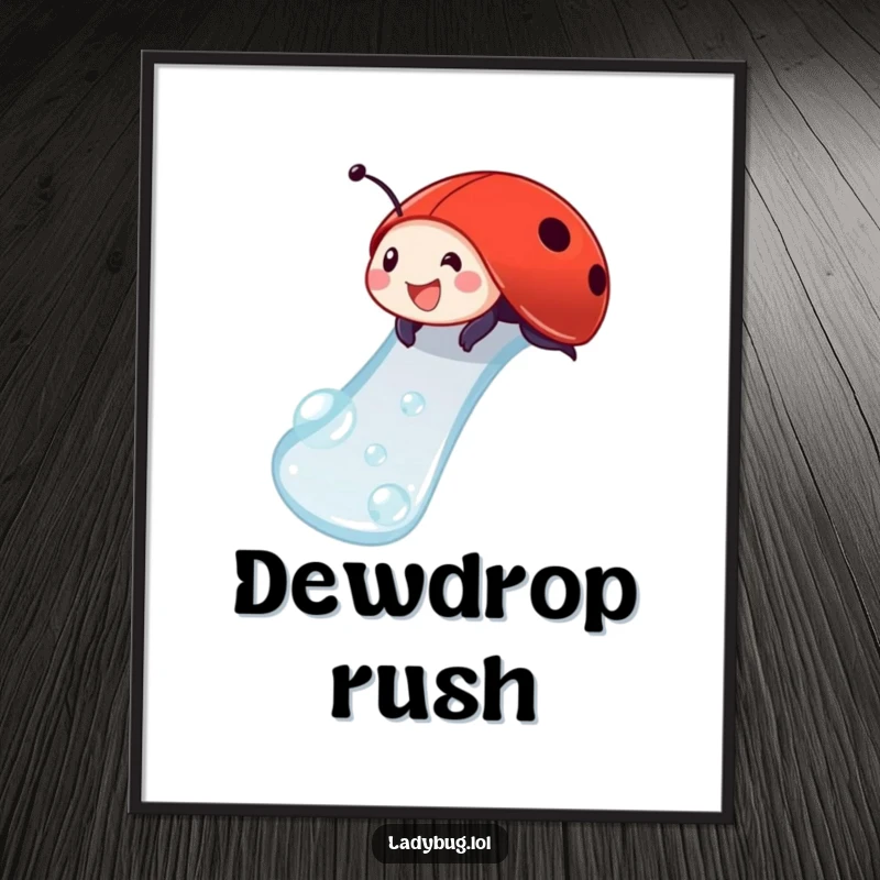 Funny ladybug digital art print of a delighted ladybug sliding down a dewdrop, a whimsical and humorous piece.