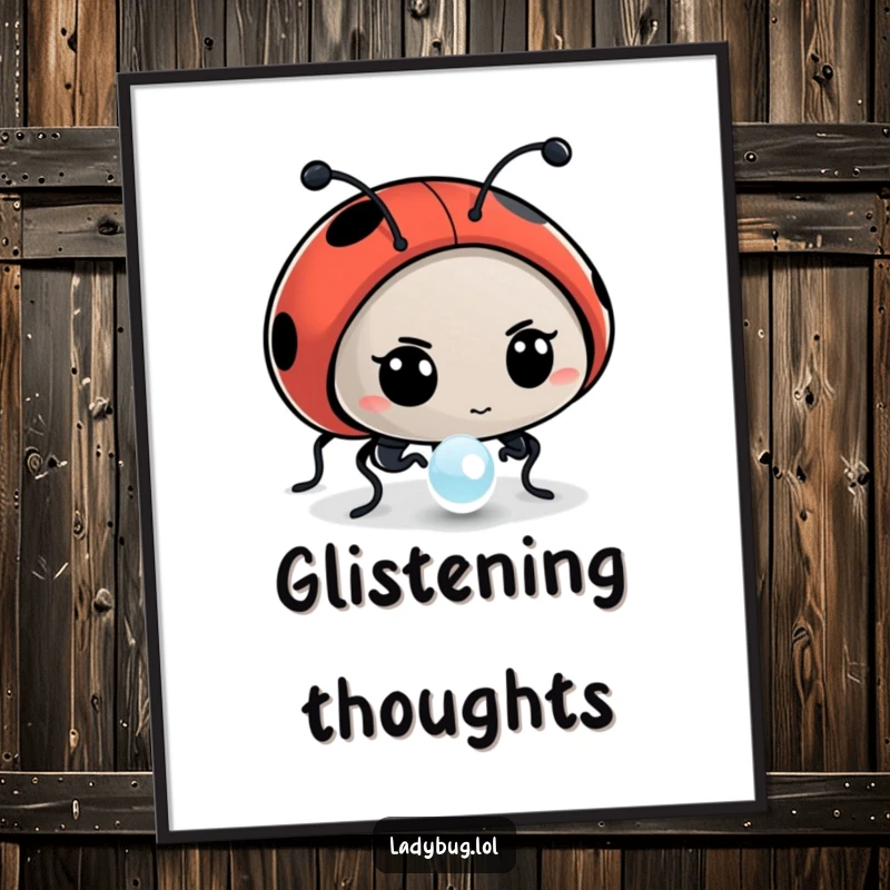 Funny digital art print of a determined ladybug character intently examining a dewdrop, ideal for instant artistic flair.