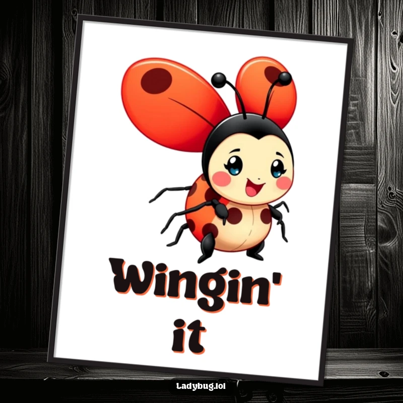 Funny ladybug digital art print of a cheerful character with large, bright red wings unfurled, ready to bring joy.