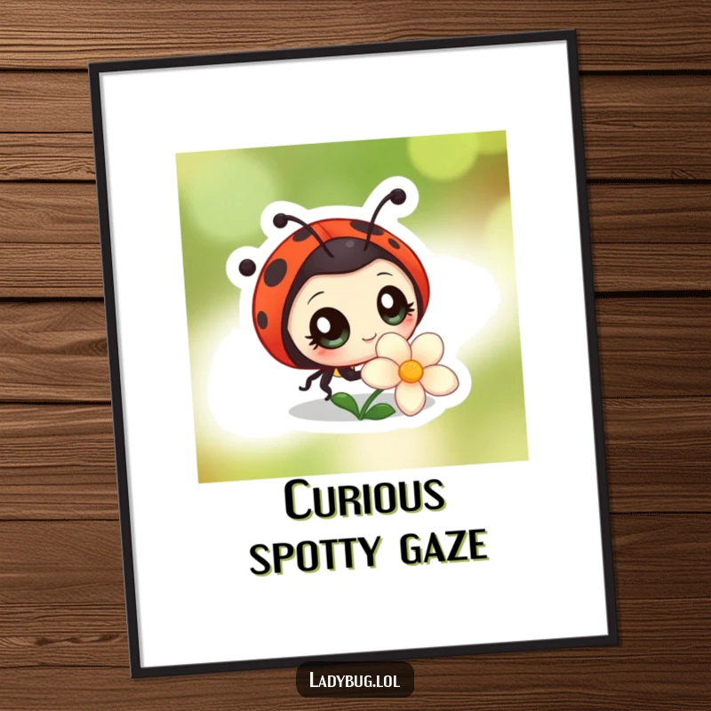 Funny digital art print of a ladybug character with big, bright eyes, curiously observing a flower, capturing a moment of innocent wonder.