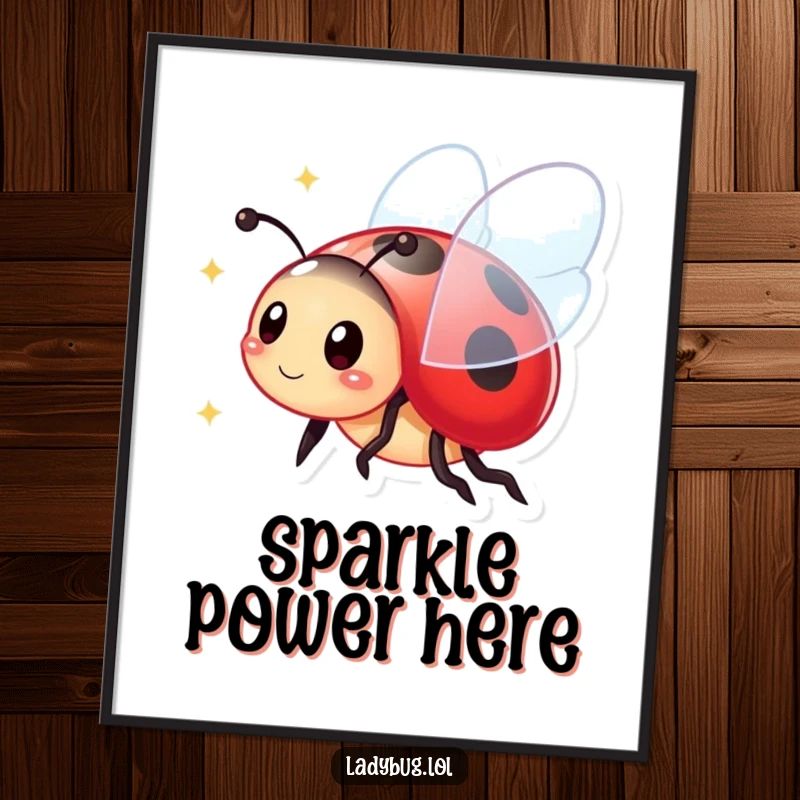 Funny Digital Art Print: Vibrant ladybug character in flight, its wings sparkling, creating a joyful and energetic visual.