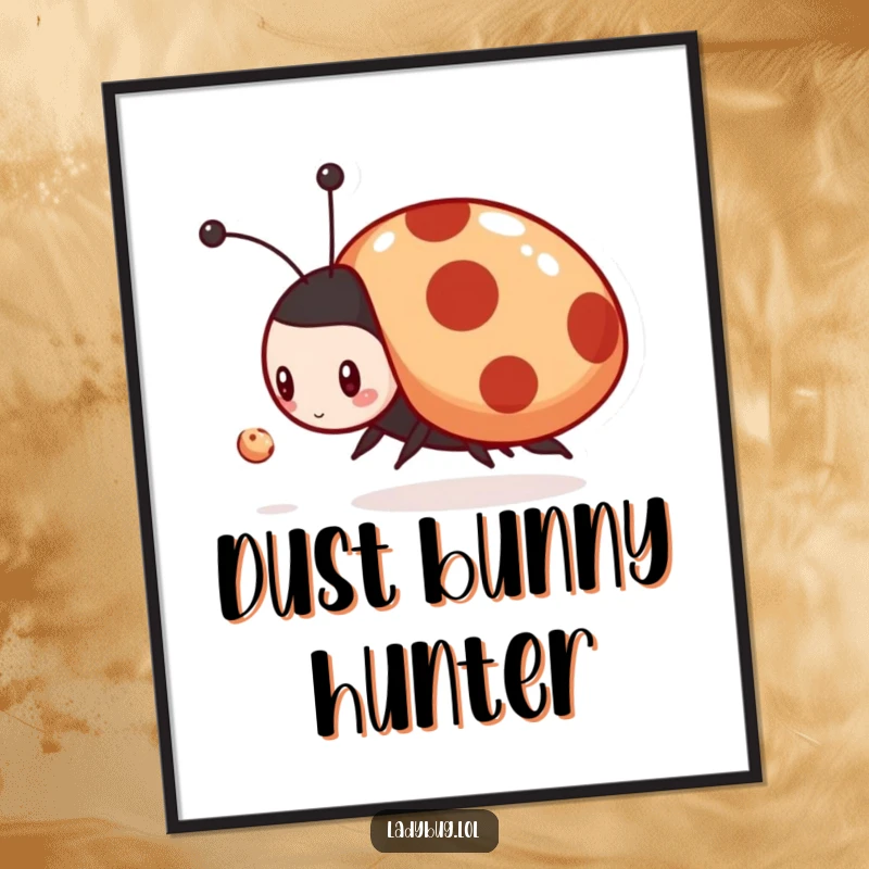 Funny digital art print of a playful ladybug character enthusiastically chasing a tiny dust mote, perfect for instant wall decor.