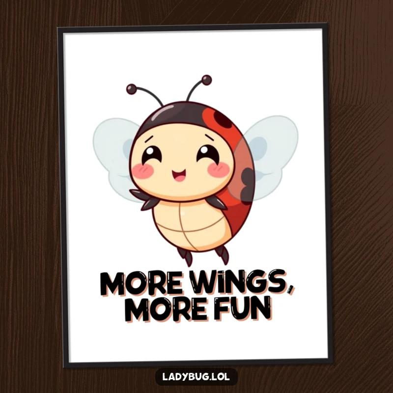 Funny ladybug extra wings digital art print, the character comically attempting to fly with extra wings, a humorous and charming artwork.