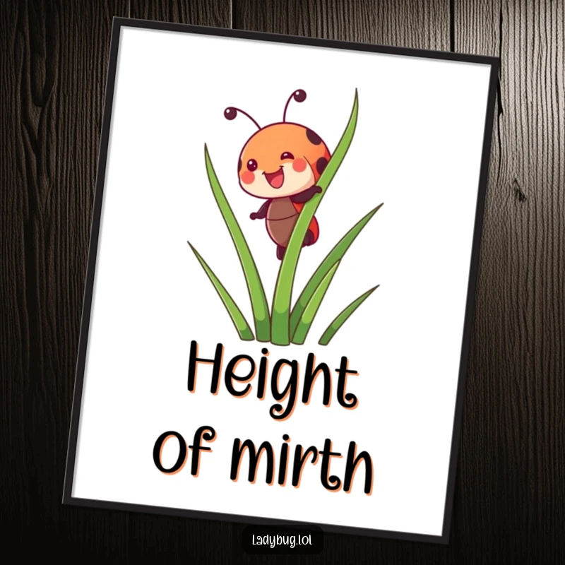 Funny digital art print of a joyful ladybug character happily climbing a tall blade of grass, ideal for instant cheerful decor.