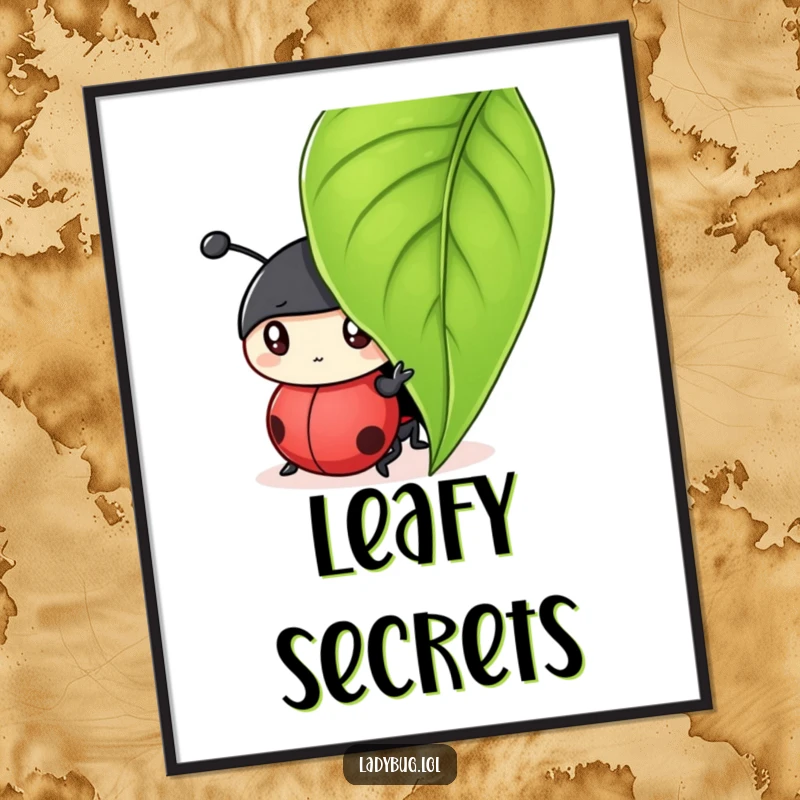 Funny digital art print of a curious ladybug character peeking from under a leaf, ideal for instant playful decor.