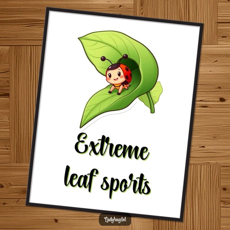 Funny ladybug digital art print of a cheerful insect character zooming down a leaf like a slide, full of playful motion.