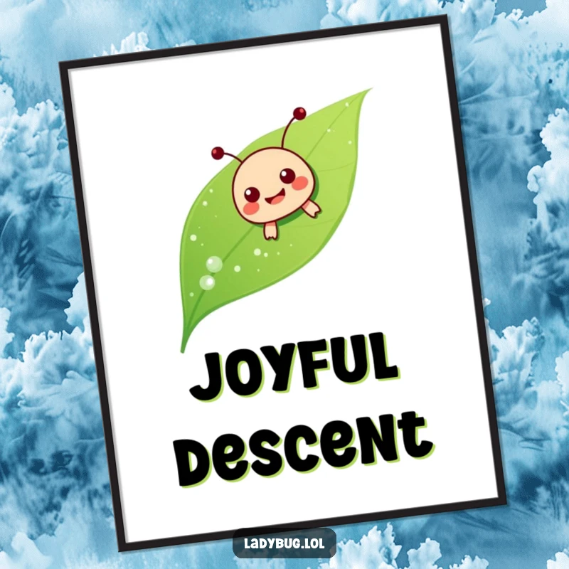Funny ladybug sliding digital art print, the character joyfully sliding down a dewy leaf, a charming and humorous artwork.