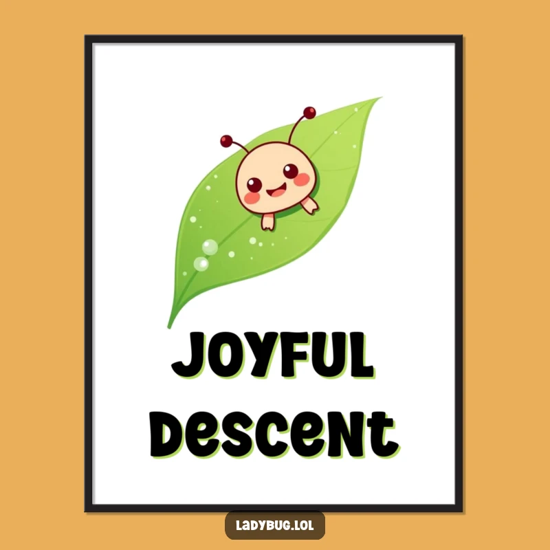 Funny Ladybug Sliding Digital Art: Dewy Leaf Joyful Print