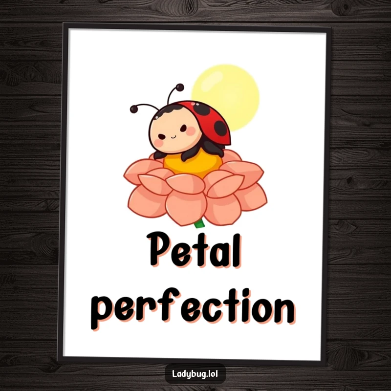 Funny ladybug digital art print of a happy character sunbathing on a flower petal, perfect for instant, cheerful home decor.