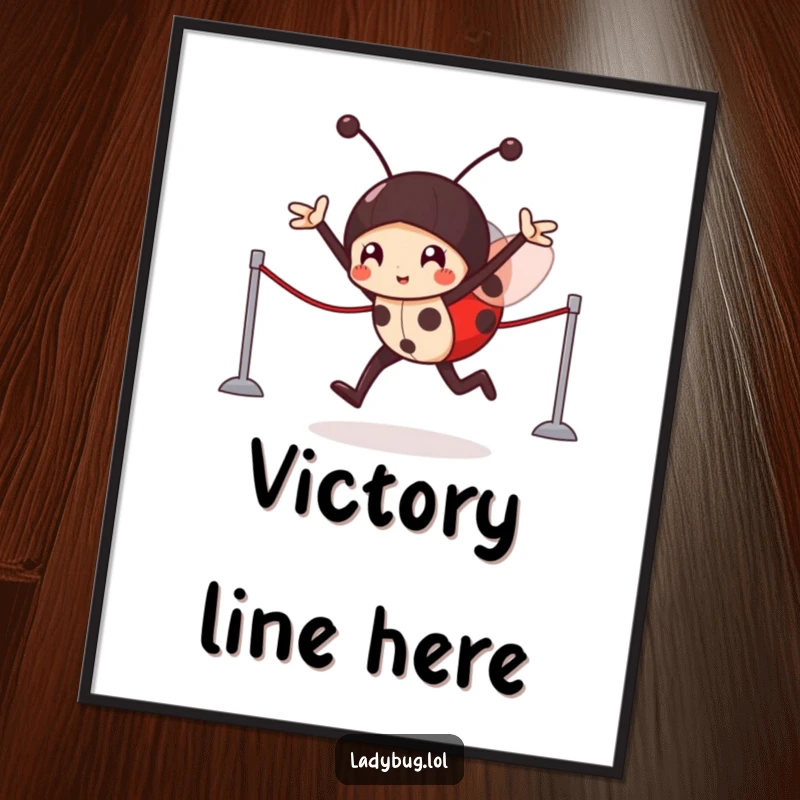 Funny Digital Art Print: Victorious ladybug character triumphantly crossing an imaginary finish line, creating motivational art.