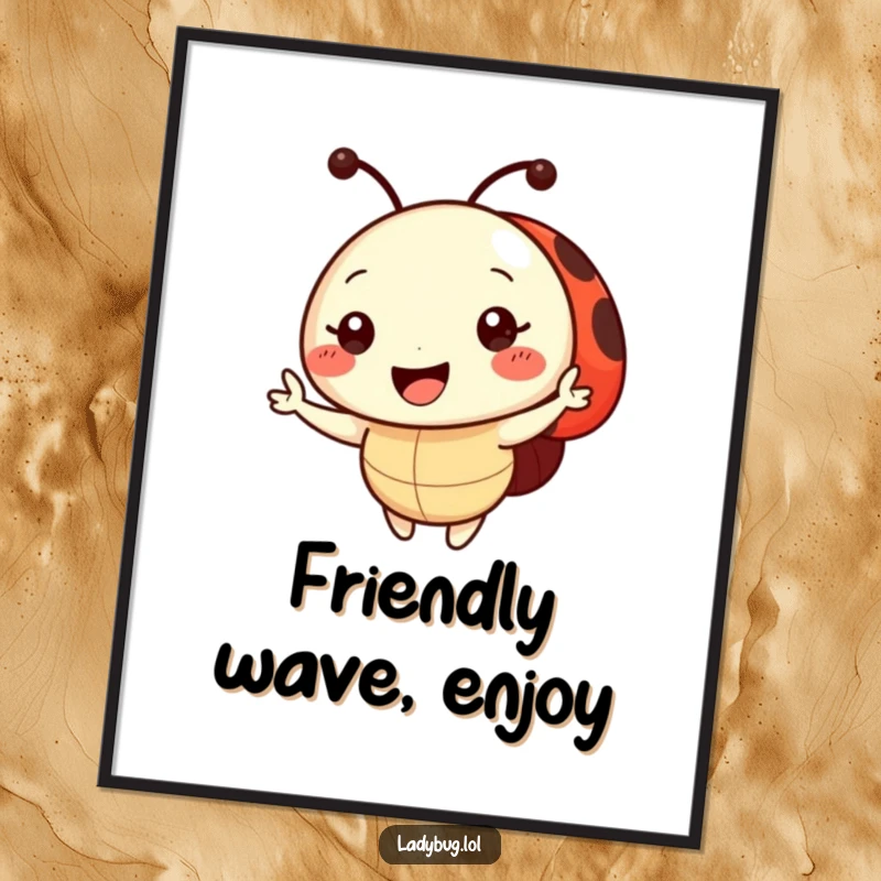 Funny Digital Art Print of a vibrant ladybug character with a bright smile, enthusiastically waving hello, ready to decorate any space.