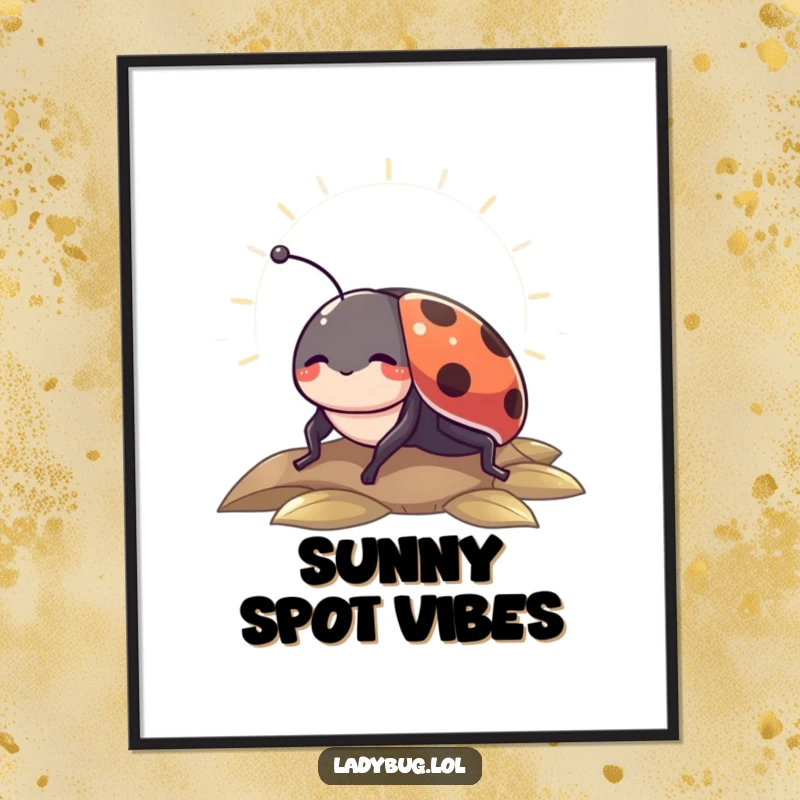 Funny digital art print of a contented ladybug basking in a sunbeam, perfect for instant calming decor.