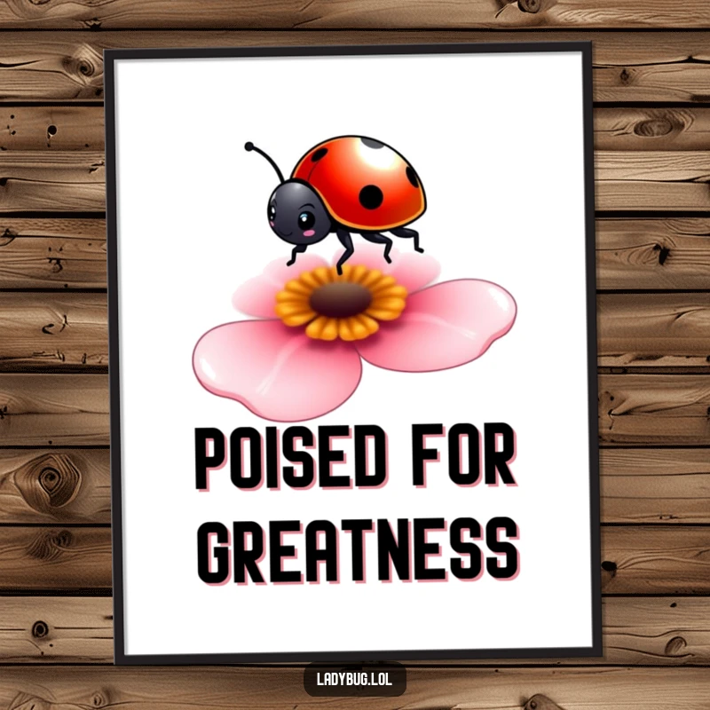 Funny digital art print of a tiny ladybug delicately balancing on a flower petal, embodying grace and whimsy.