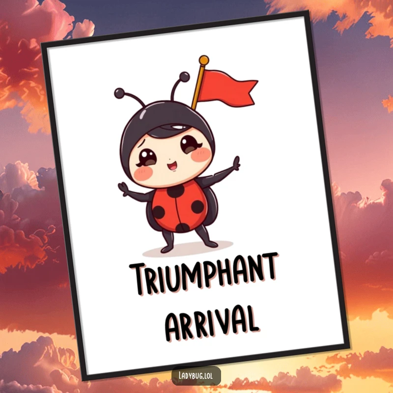 Funny ladybug digital art print of a comical ladybug triumphantly holding a tiny flag, a humorous and celebratory digital download.