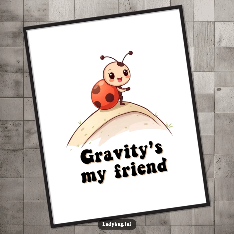 Funny Digital Art Print of a ladybug character joyfully rolling down a hill, radiating pure happiness and energetic movement.