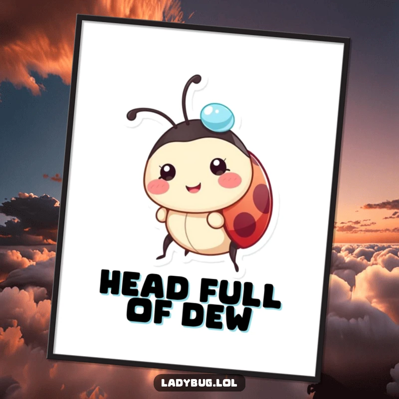 Funny ladybug digital art print of a happy character carrying a glistening dewdrop on its head, full of charm.