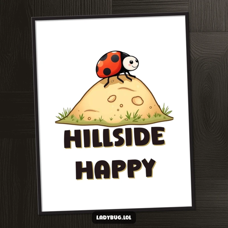 Funny ladybug digital art print of a ladybug rolling playfully down a hill, capturing a moment of carefree fun for easy display.